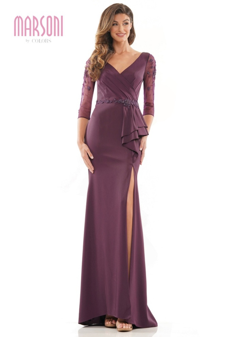 Marsoni Women’s Plum V-Neck Evening Gown with Sheer Sleeves